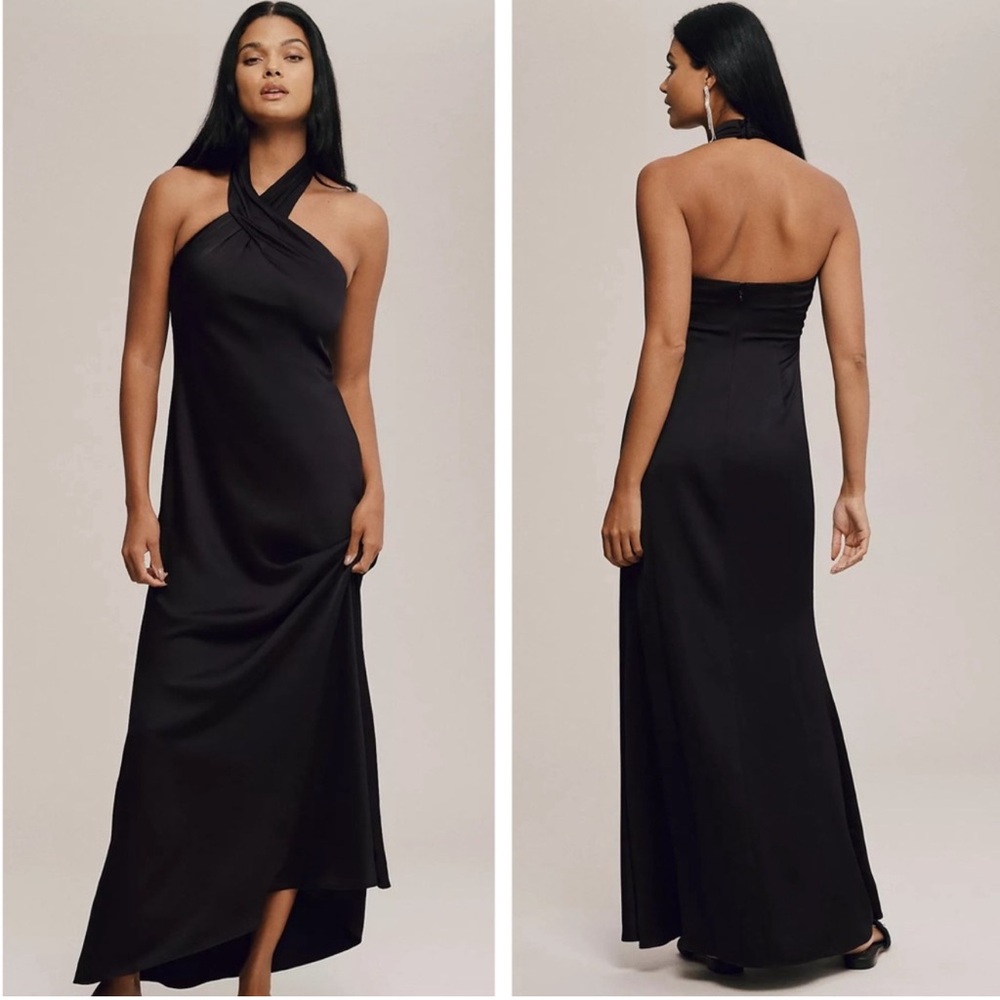 BHLDN Anthropologie Ruby Twist Halter Satin Gown NEW Size 10 Black Dress